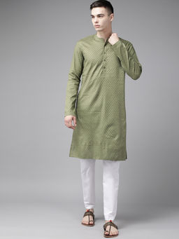 See Designs - Men Green & Gold Stripe Printed Straight Kurta