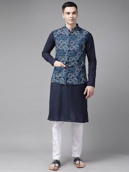 See Designs - Men Blue Printed Pure Cotton Kurta Pyjama with Nehru Jacket (Set of 3)