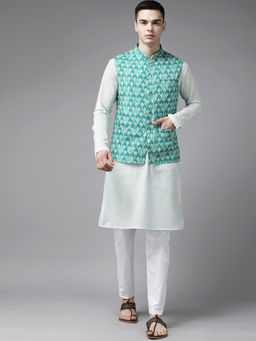 See Designs - Men Green & Beige Printed Pure Cotton Kurta Pyjama with Nehru Jacket (Set of 3)