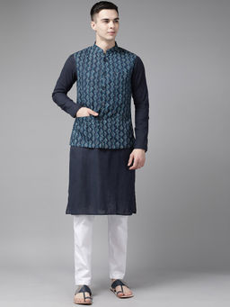 See Designs - Men Blue & Beige Printed Pure Cotton Kurta Pyjama with Nehru Jacket (Set of 3)