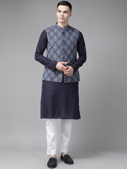 See Designs - Men Blue & Beige Printed Pure Cotton Nehru Jacket