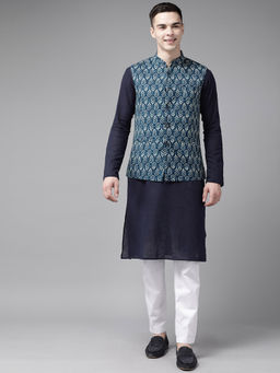 See Designs - Men Blue & Beige Printed Pure Cotton Kurta Pyjama with Nehru Jacket (Set of 3)