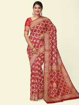 Banarasi Silk Works - Red Woven Saree with Unstitched Blouse