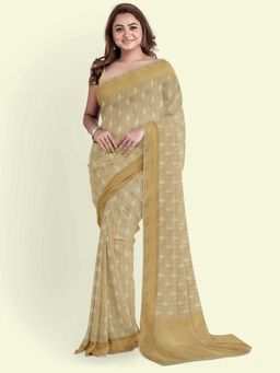 Banarasi Silk Works - Beige Mughal Motif Satin Saree with Unstitched Blouse
