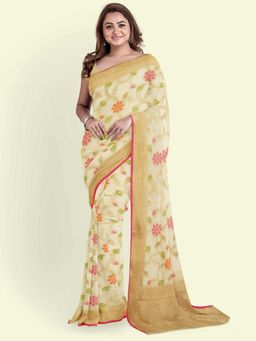Banarasi Silk Works - Off White Cotton Woven Saree with Unstitched Blouse
