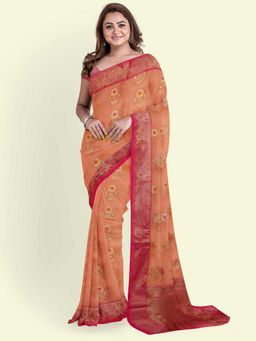 Banarasi Silk Works - Peach Cotton Woven Saree with Unstitched Blouse