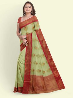 Banarasi Silk Works - Green Cotton Woven Saree with Unstitched Blouse