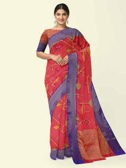 Banarasi Silk Works - Red Woven Cotton Saree with Unstitched Blouse