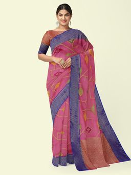 Banarasi Silk Works - Pink Kora Woven Saree with Unstitched Blouse