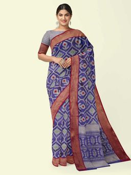 Banarasi Silk Works - Navy Blue Kora Woven Saree with Unstitched Blouse