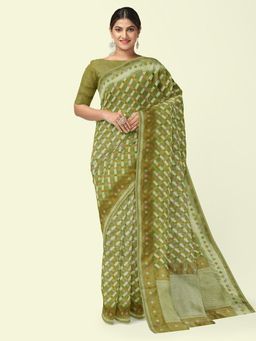 Banarasi Silk Works - Green Cotton Woven Saree with Unstitched Blouse