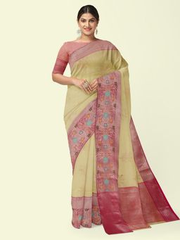 Banarasi Silk Works - Green Woven Saree with Unstitched Blouse