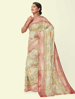 Banarasi Silk Works - Green Yellow Woven Saree with Unstitched Blouse