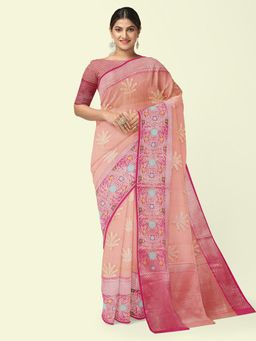 Banarasi Silk Works - Peach Masrise Cotton Woven Saree with Unstitched Blouse