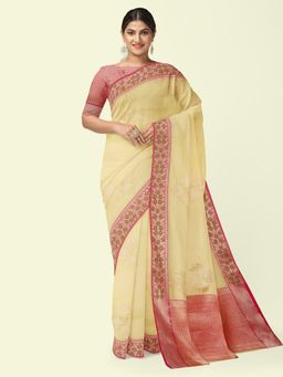 Banarasi Silk Works - Yellow Woven Saree with Unstitched Blouse
