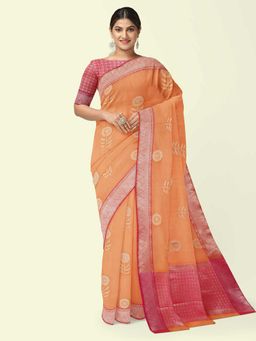 Banarasi Silk Works - Orange Woven Saree with Unstitched Blouse