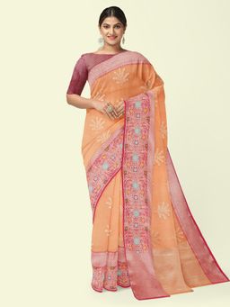Banarasi Silk Works - Orange Woven Saree with Unstitched Blouse