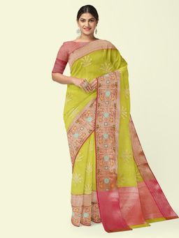 Banarasi Silk Works - Green Woven Saree with Unstitched Blouse