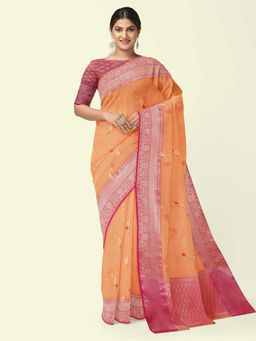 Banarasi Silk Works - Orange Woven Saree with Unstitched Blouse