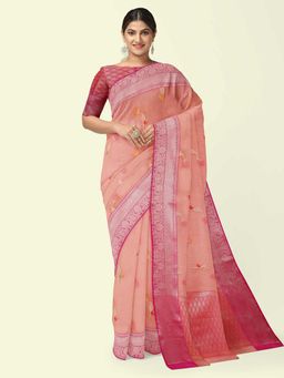 Banarasi Silk Works - Woven Organza Peach Border Saree with Unstitched Blouse