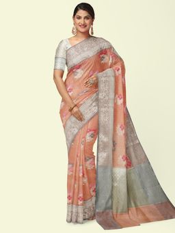 Banarasi Silk Works - Peach Mulberry Woven Saree with Unstitched Blouse