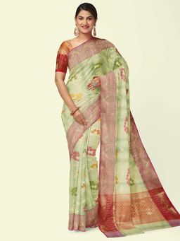 Banarasi Silk Works - Light Green Matka Woven Saree with Unstitched Blouse