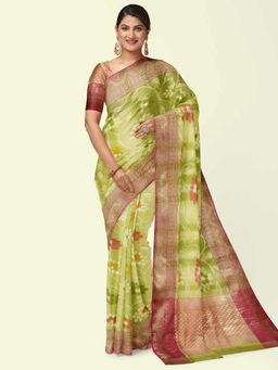 Banarasi Silk Works - Green Matka Woven Saree with Unstitched Blouse