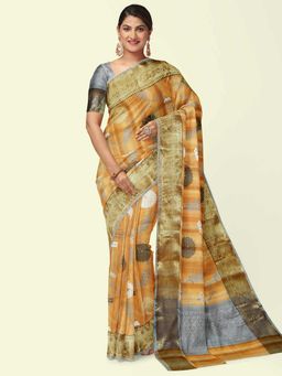 Banarasi Silk Works - Orange Matka Woven Saree with Unstitched Blouse