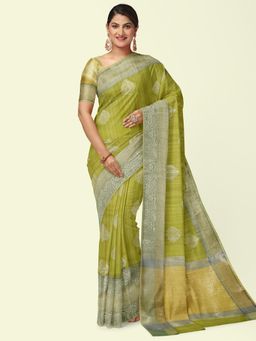 Banarasi Silk Works - Pista Green Mescrise Cotton Woven Saree with Unstitched Blouse