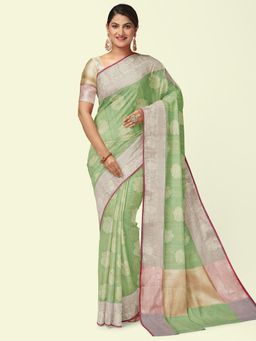 Banarasi Silk Works - Light Green Matka Woven Saree with Unstitched Blouse