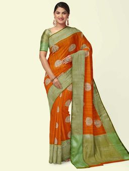 Banarasi Silk Works - Orange Mulberry Woven Saree with Unstitched Blouse