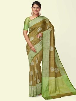 Banarasi Silk Works - Green Matka Woven Saree with Unstitched Blouse