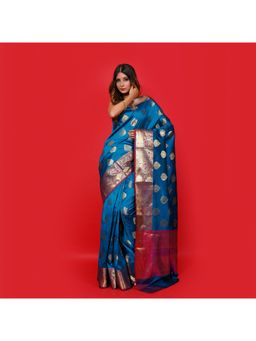 Banarasi Silk Works - Turquoise Blue Katan Woven Saree with Unstitched Blouse