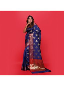 Banarasi Silk Works - Navy Blue Katan Woven Saree with Unstitched Blouse