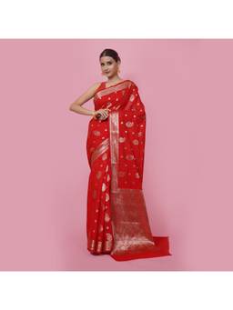 Banarasi Silk Works - Red Semi Georgette Dyable Saree with Unstitched Blouse