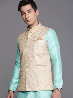 Manyavar - Beige Sleeveless Mandarin Collar Nehru Jacket