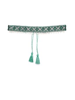 Anekaant - Turquoise and Silver Geometric Design Beaded Velvet Belt