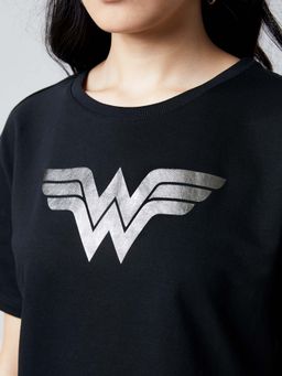 The Souled Store - Wonder Woman Black Logo Pattern Oversized T-Shirt for Women