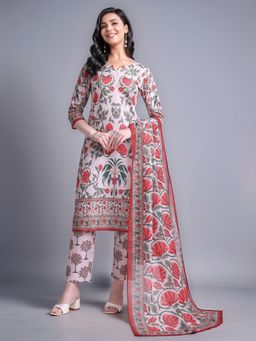 Gahan - Womens Printed Cotton Blend Straight Kurta with Trouser and Dupatta - Off White