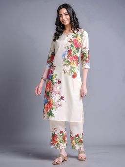 Gahan - Womens Printed Cotton Blend Straight Co-Ord Set - Cream