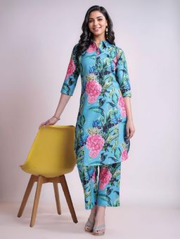 Gahan - Womens Printed Cotton Blend Straight Co-Ord Set - Turquoise