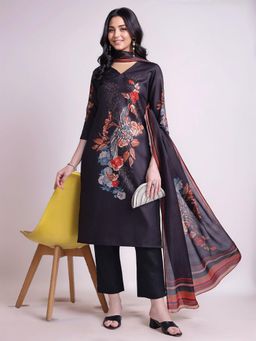 Gahan - Womens Printed Cotton Blend Straight Kurta with Trouser and Dupatta - Black