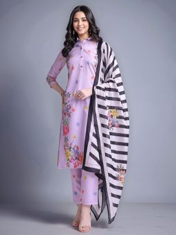 Gahan - Womens Printed Cotton Blend Straight Kurta with Trouser and Dupatta - Lavender