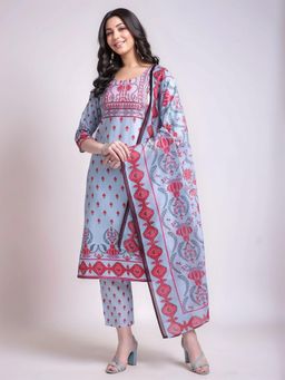 Gahan - Womens Printed Cotton Blend Straight Kurta with Trouser and Dupatta - Blue