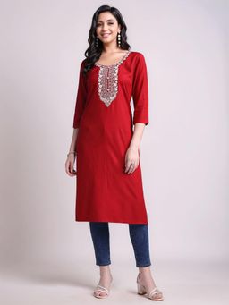 Gahan - Womens Embroidered Viscose Rayon Straight Kurta - Red