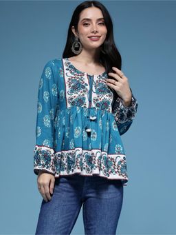 Gahan - Floral Printed V-Neck short Tunic - Teal