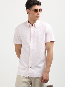 Tommy Hilfiger - Pink M Tommy Stretch Ss Oxford Stripe Shirt