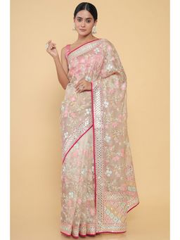 Soch - Women Brown Organza Embroidered Saree with Unstitched Blouse