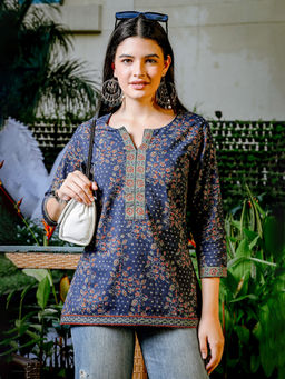 Yufta - Navy Blue Floral Printed Kurti