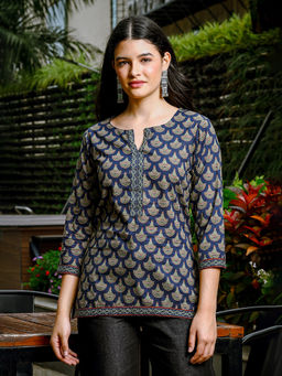 Yufta - Navy Blue Printed Kurti